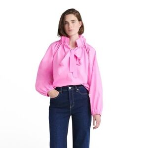 Free Assembly Pink Ruffle Neck Tie Front Cotton Blouse XS